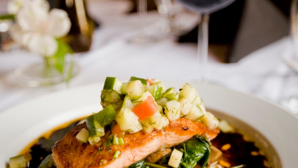 A salmon fillet with vegetables ready to cook